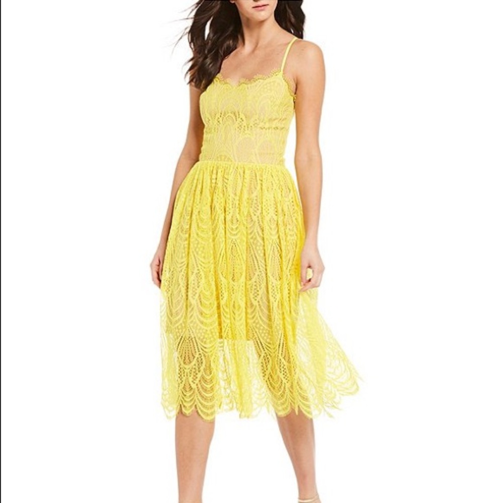 Yellow Lace Midi Dress with Spaghetti Straps